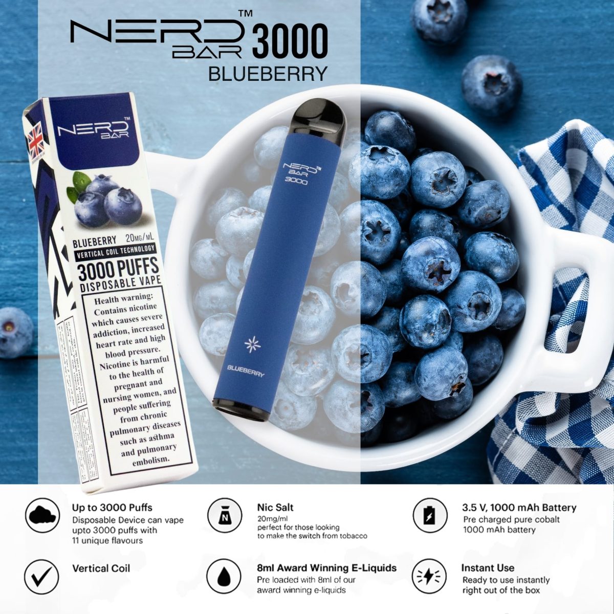 Nerd Bar 3000 Puffs Disposable - Blueberry