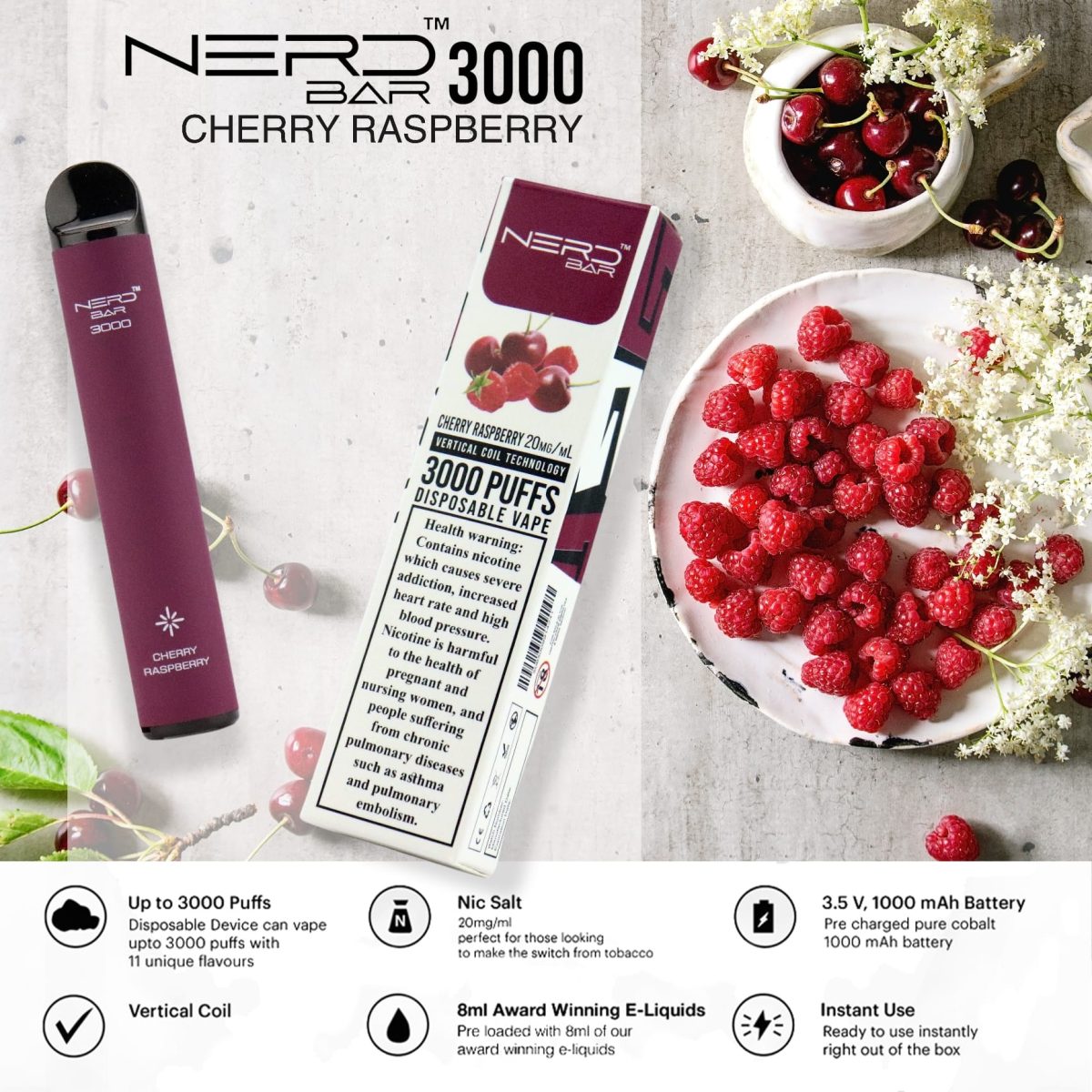 Nerd Bar 3000 Puffs Disposable - Cherry Raspberry