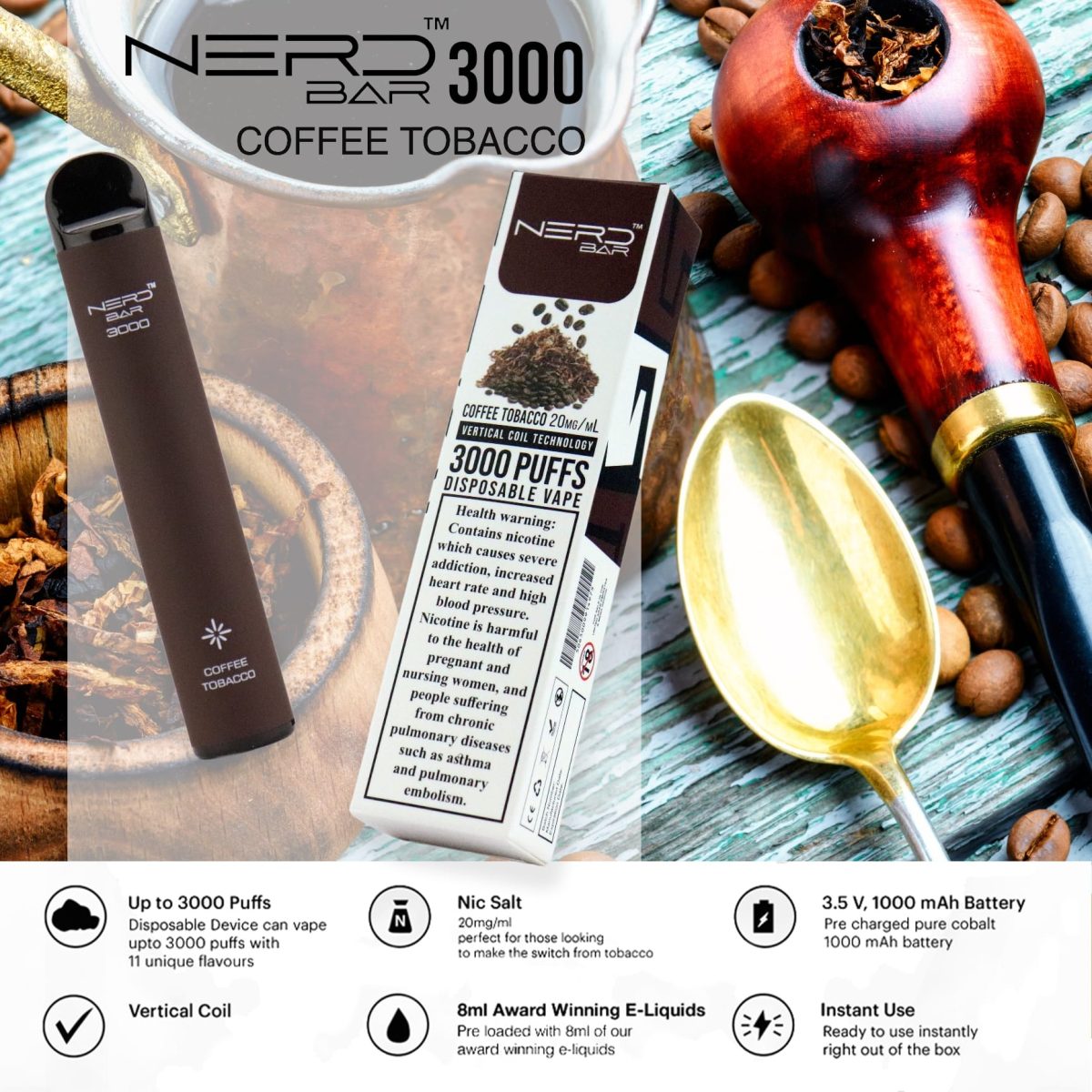 Nerd Bar 3000 Puffs Disposable - Coffee Tobacco