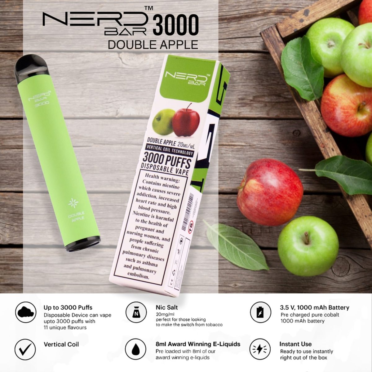 Nerd Bar 3000 Puffs Disposable - Double Apple