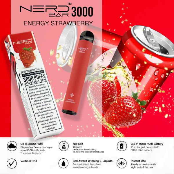 Nerd Bar 3000 Puffs Disposable - Energy Strawberry