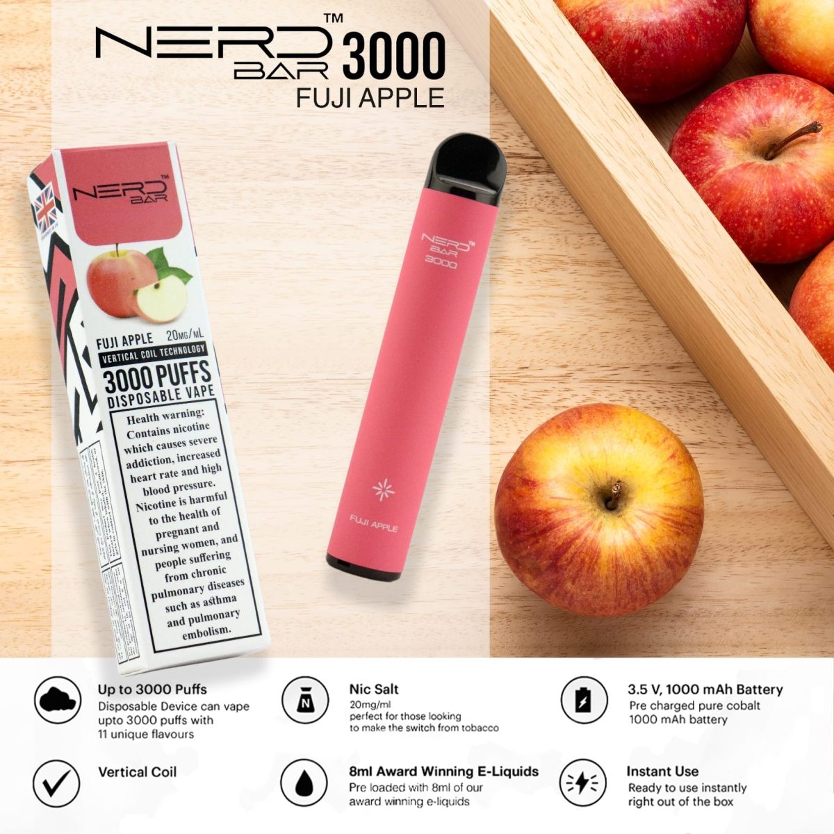 Nerd Bar 3000 Puffs Disposable- Fuji Apple