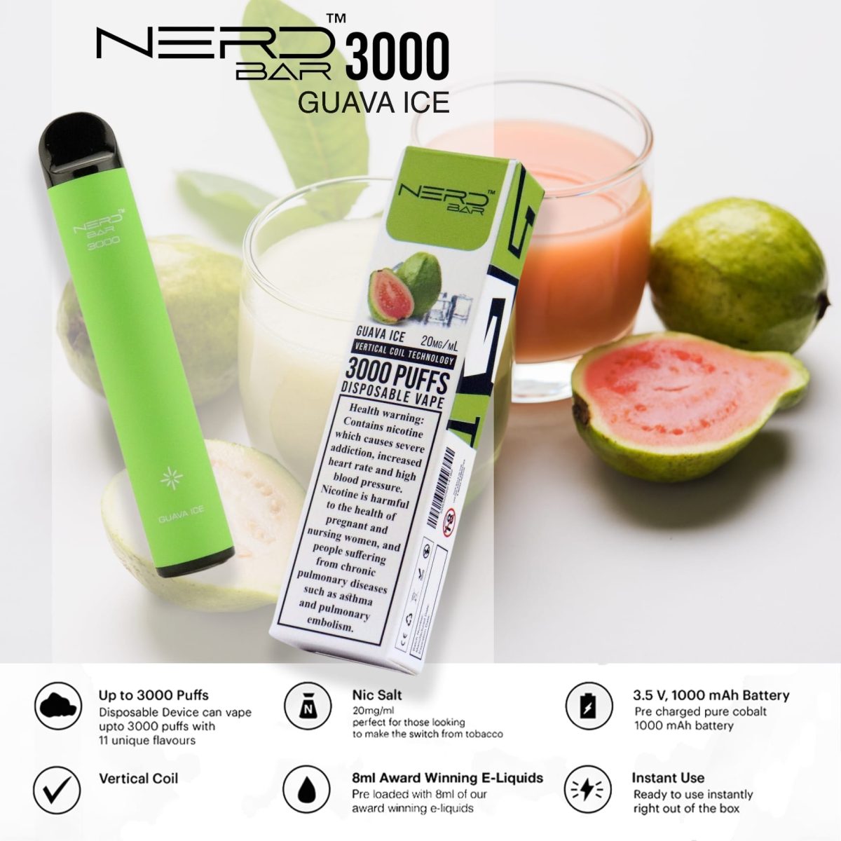 Nerd Bar 3000 Puffs Disposable - Guava Ice