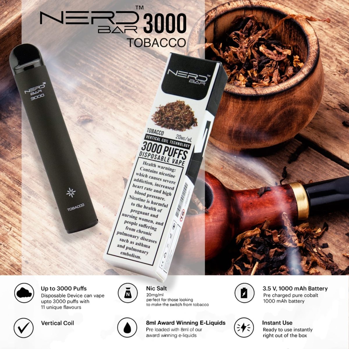 Nerd Bar 3000 Puffs Disposable - Tobacco