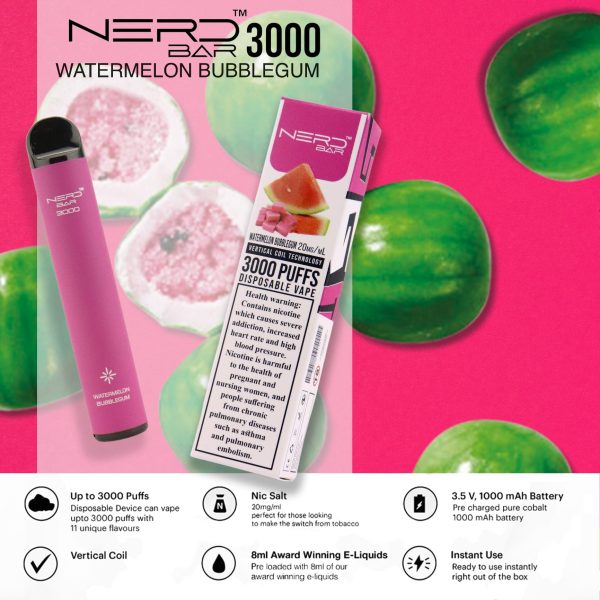 Nerd Bar 3000 Puffs Disposable- Watermelon Blubblegum