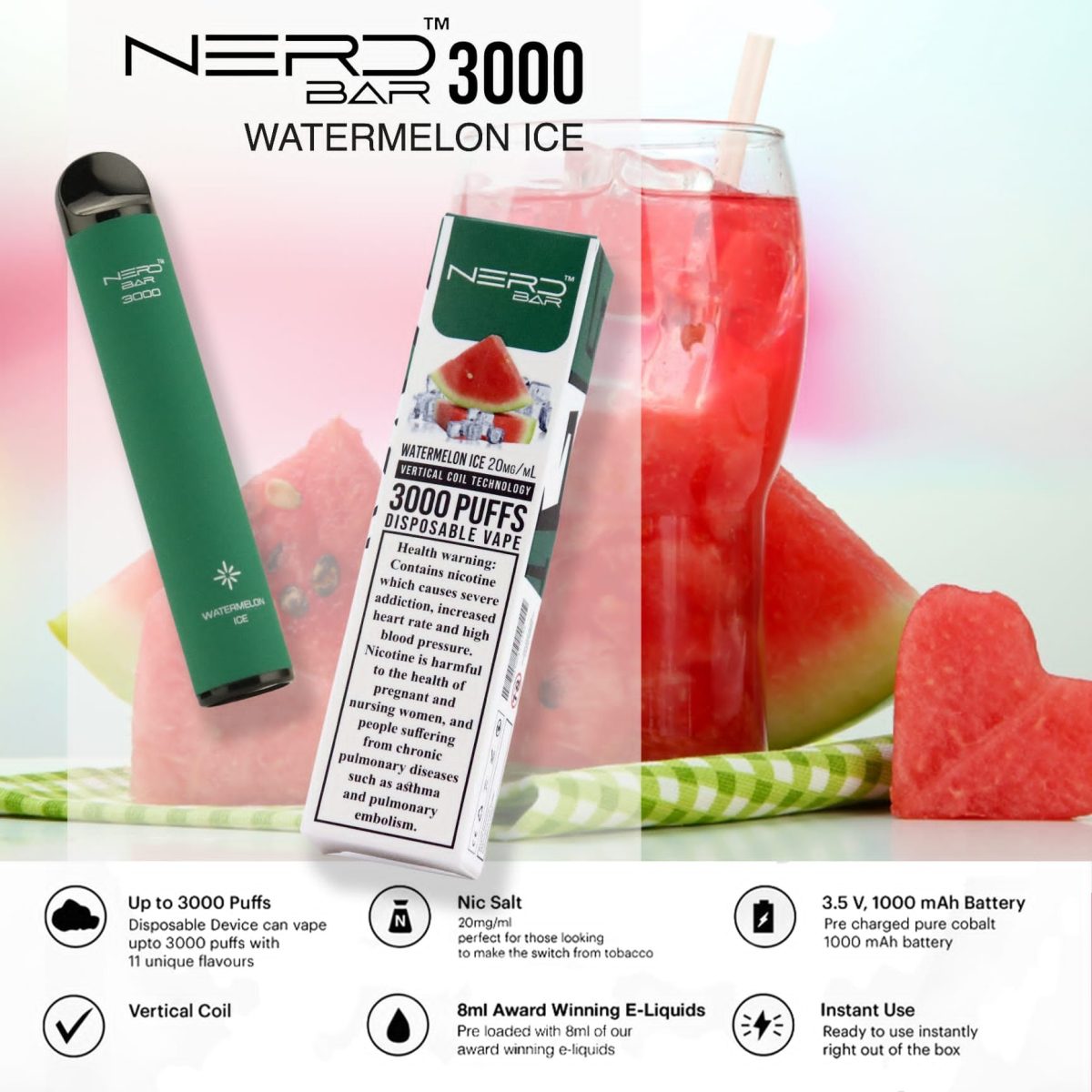 Nerd Bar 3000 Puffs Disposable - Watermelon Ice